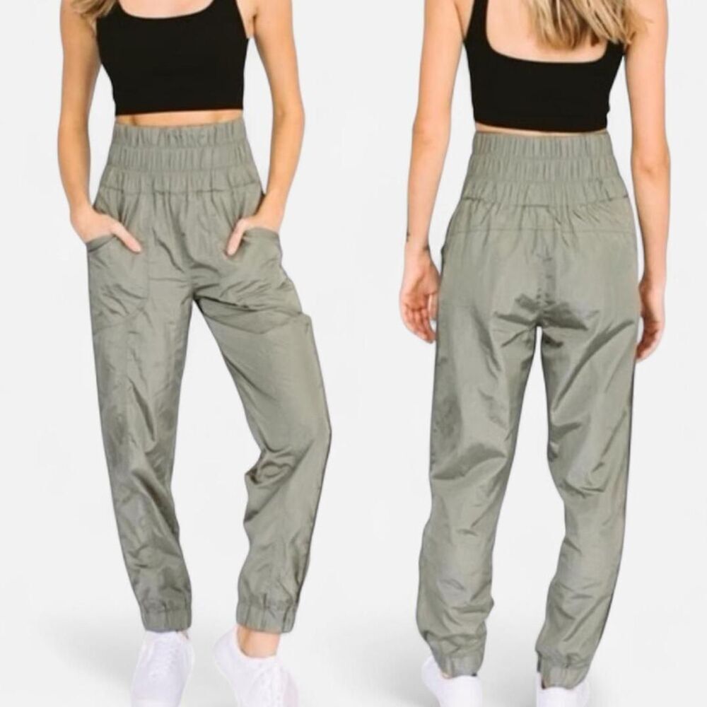 Free People The Way Home Parachute Joggers S | Smocked Waist Olive Athleisure